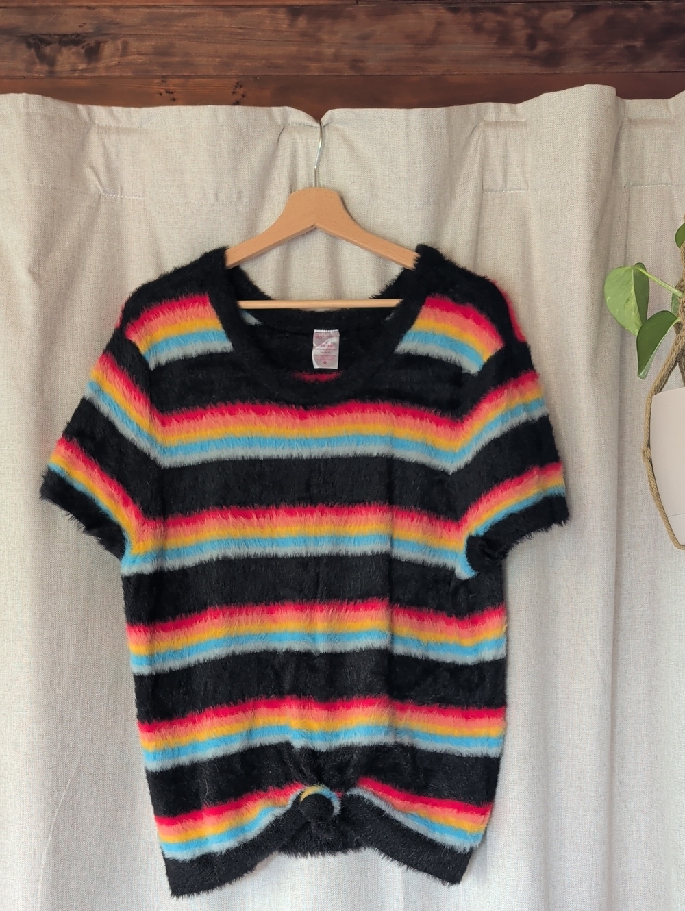 No Boundaries Black Fuzzy Crewneck Sweater with Rainbow Stripes